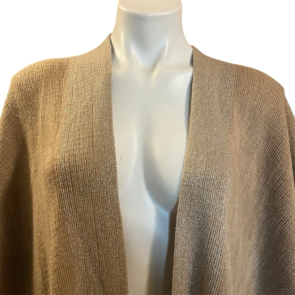 Northern Angel tan knit poncho with gold thread trim and fringe - Picture 3 of 12